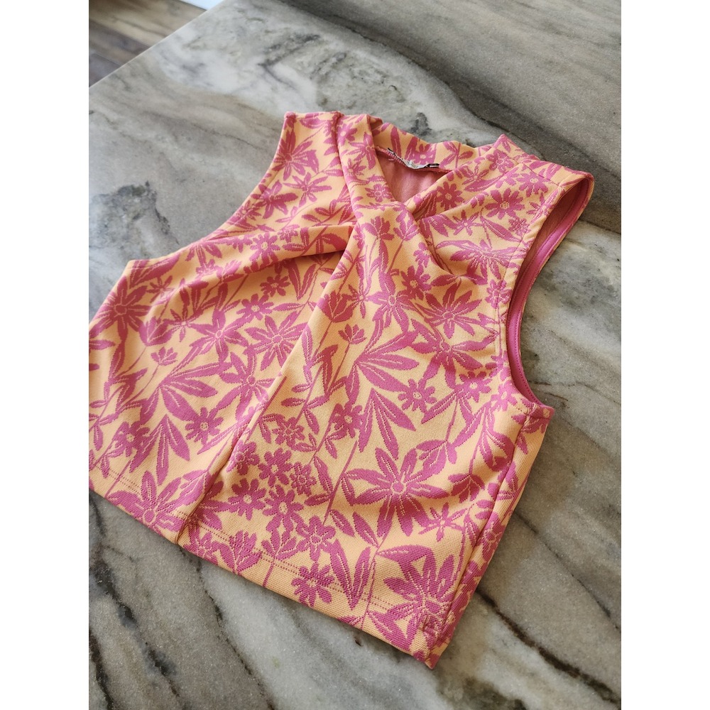 Zara Pink Orange Floral Knit Twist Neck Crop Top Small Sleeveless Summer Tank